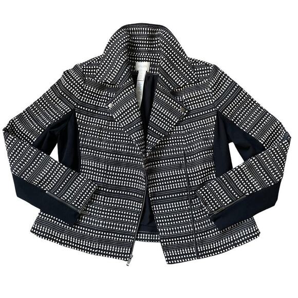 Chico’s 1 (M 8/10) Geometric Moto Jacket | Black & White, Lined, Zip-up, NWOT - Picture 1 of 7